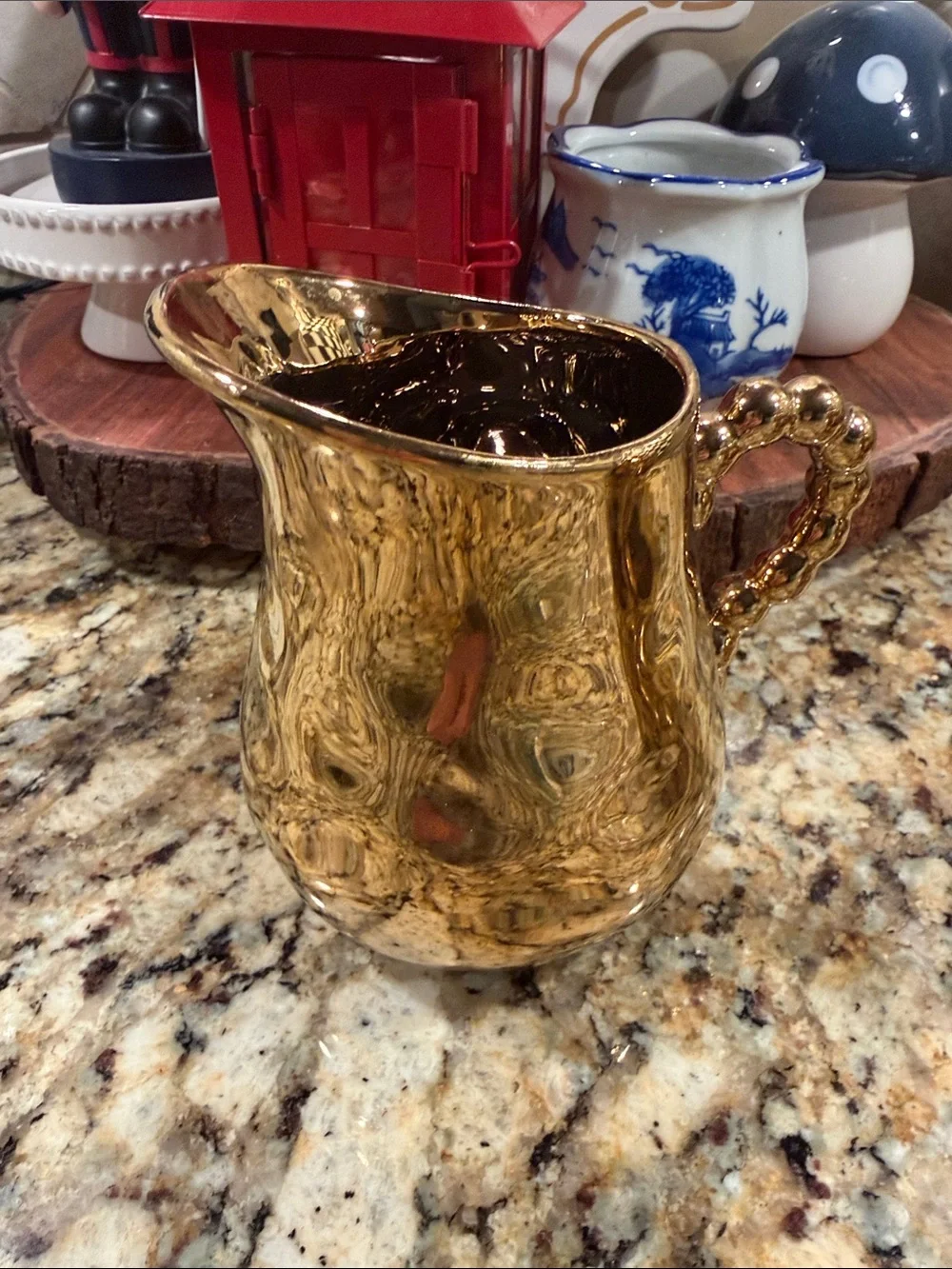 Gold Ceramic Creamer and Sugar Set with Beaded Details.